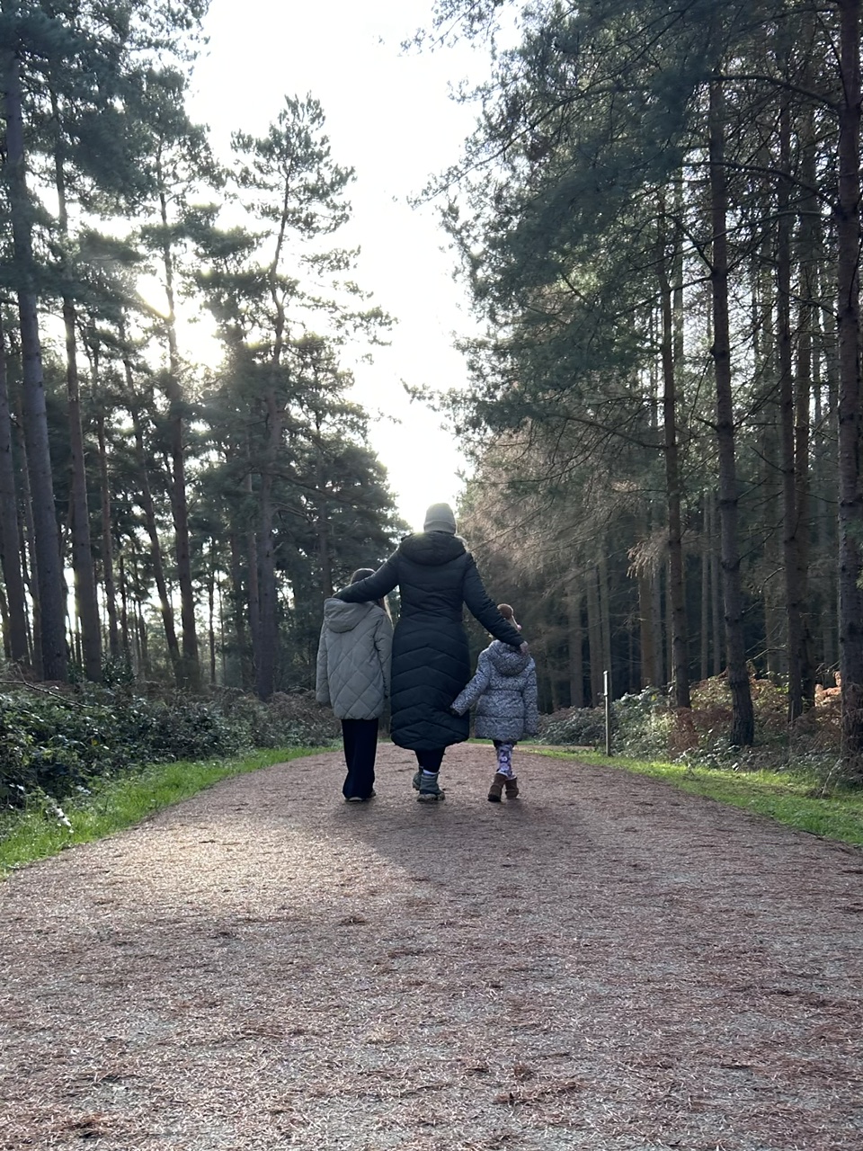 A parent walking hand in hand with two children along a woodland path